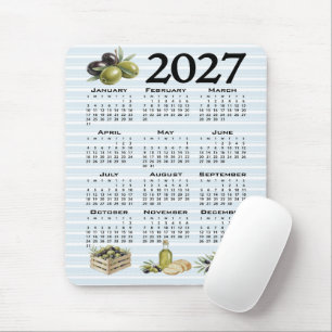 2027 Calendar, Mediterranean Olives, Blue Stripes Mouse Mat