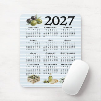 2027 Calendar, Mediterranean Olives, Blue Stripes Mouse Mat