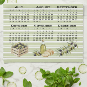 2027 Calendar, Mediterranean Olives, Green Stripes Tea Towel