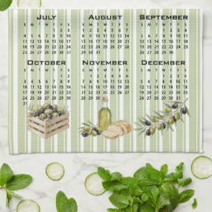 2027 Calendar, Mediterranean Olives, Green Stripes Tea Towel