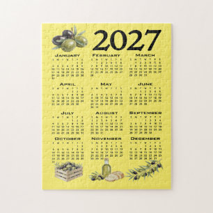 2027 Calendar, Mediterranean Olives. Yellow Jigsaw Puzzle