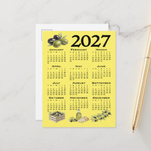 2027 Calendar, Mediterranean Olives. Yellow Postcard