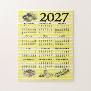 2027 Calendar, Mediterranean Olives Yellow Stripes Jigsaw Puzzle