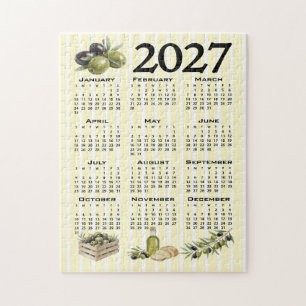 2027 Calendar, Mediterranean Olives Yellow Stripes Jigsaw Puzzle