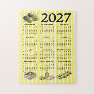 2027 Calendar, Mediterranean Olives Yellow Stripes Jigsaw Puzzle