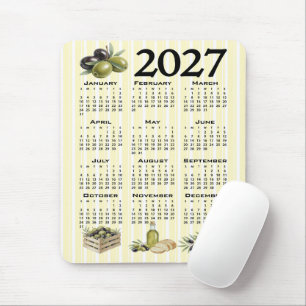 2027 Calendar, Mediterranean Olives Yellow Stripes Mouse Mat