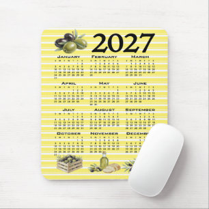2027 Calendar, Mediterranean Olives Yellow Stripes Mouse Mat