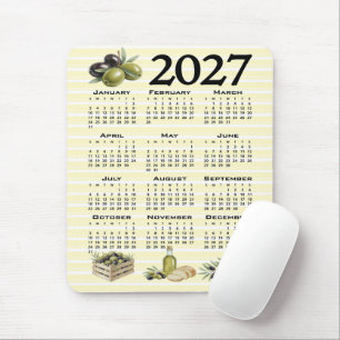 2027 Calendar, Mediterranean Olives Yellow Stripes Mouse Mat