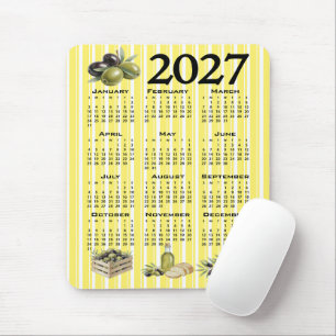 2027 Calendar, Mediterranean Olives Yellow Stripes Mouse Mat