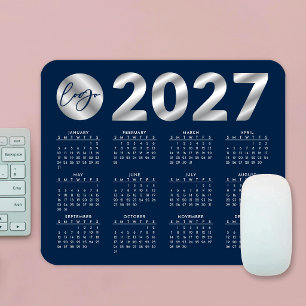 2027 Calendar Navy Blue & Silver Company Logo Mouse Mat
