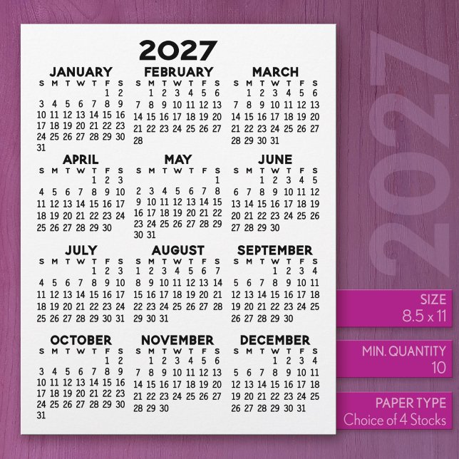 2027 Calendar on Letter Size Paper Letterhead (2027 Calendar on US Standard Size Letter Paper)