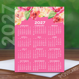 2027 Calendar Painted Watercolor Flowers pink Postcard