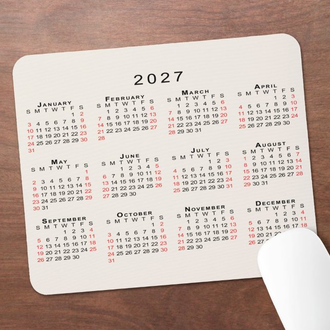 2027 Calendar Simple Beige Black Red Mouse Mat (2027 Calendar Simple Beige Black Red Mouse Pad in situ)