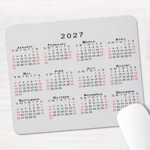 2027 Calendar Simple Grey Black Red Mouse Mat