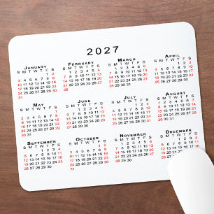 2027 Calendar Simple White Black Red Mouse Mat