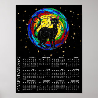 2027 Calendar, Vintage Black Cat, Colourful Mosaic Poster
