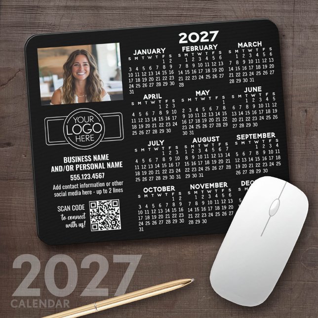 2027 Calendar with logo, QR Code, Photo BLACK Mouse Mat (2027 Calendar Mousepad)