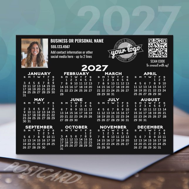 2027 Calendar with logo, QR Code, Photo BLACK Postcard (2027 calendar postcard)