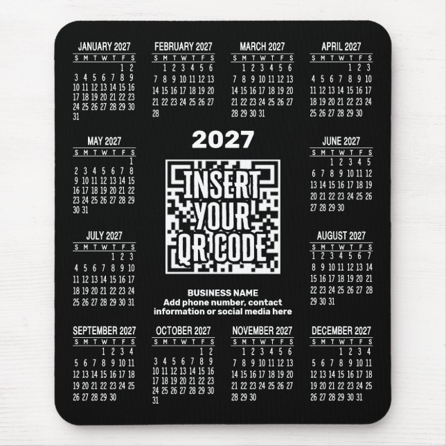 2027 Calendar with QR Code Contact Info Black Mouse Mat (Front)