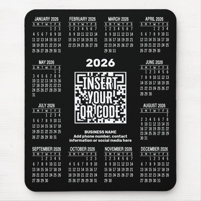 2027 Calendar with QR Code Contact Info Black Mouse Mat (Front)