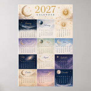 2027 Celestial Sun & Moon Wall Calendar Poster