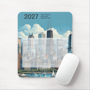 2027 Chicago Skyline Architecture Blue Calendar Mouse Mat