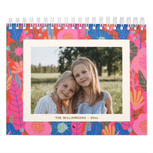 2027 Custom Family Photos Colorful Red Floral  Calendar
