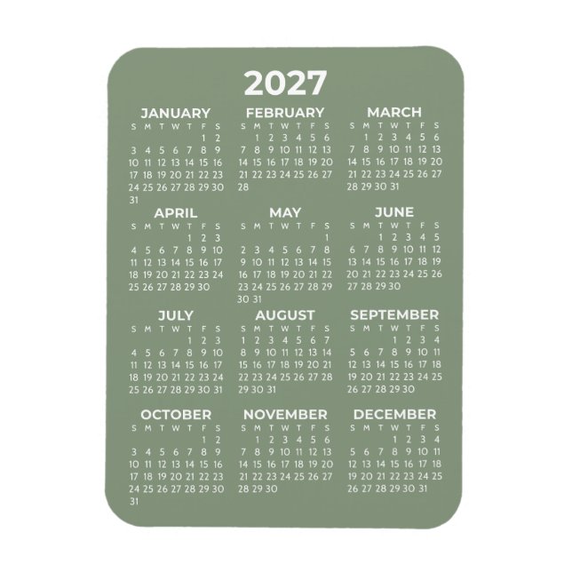 2027 Full Year Calendar Basic Mini Sage Green Magnet (Vertical)