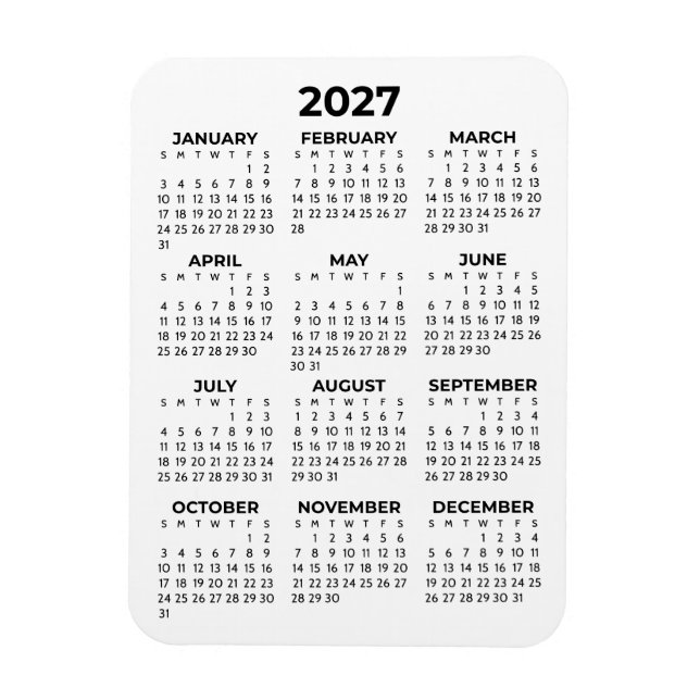 2027 Full Year Calendar Basic Minimal Mini  Magnet (Vertical)