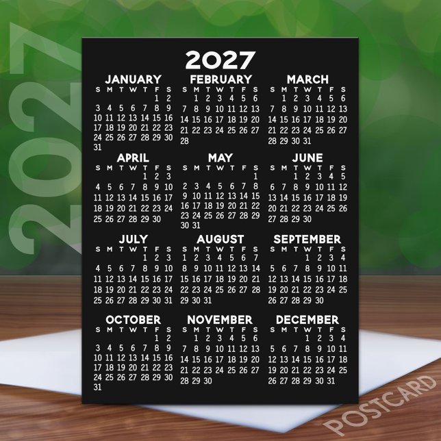 2027 Full Year View Calendar - Basic Minimal Postc Postcard (2027 Calendar on a Postcard)
