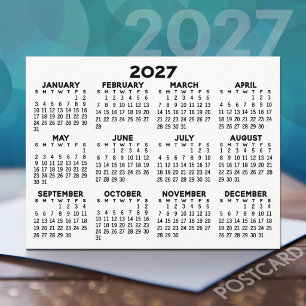 2027 Full Year View Calendar - horizontal Black Postcard
