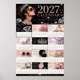 2027 Glam Pink & Diamond Wall Calendar Poster