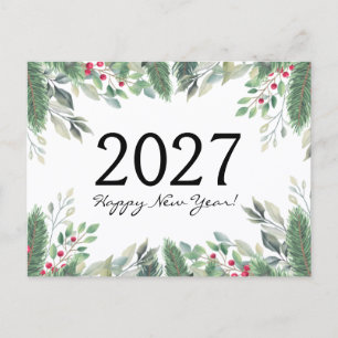 2027 Happy new year,holiday greenery red berries Postcard