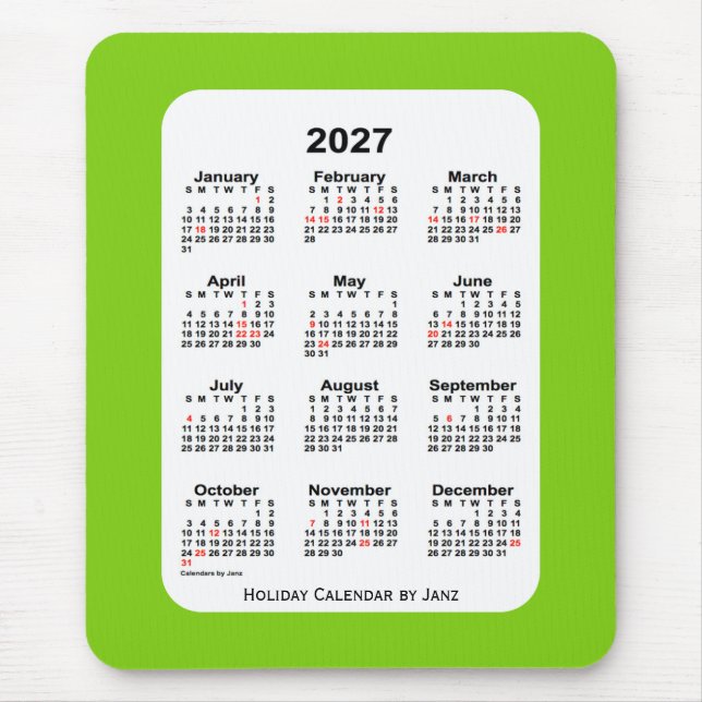 2027 Holiday Yellow Green Calendar by Janz Mouse Mat (Front)