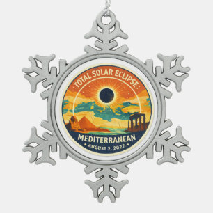 2027 Mediterranean Solar Eclipse Snowflake Pewter Christmas Ornament