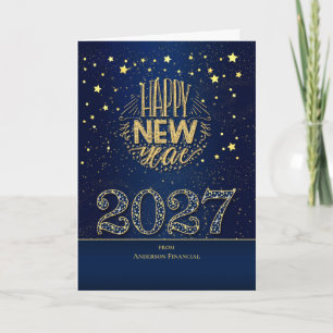 2027 New Year Blue and Gold with Name Holiday Card