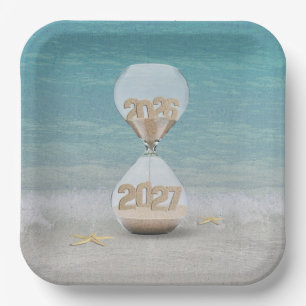 2027 New Year Hourglass on Beach Paper Plate