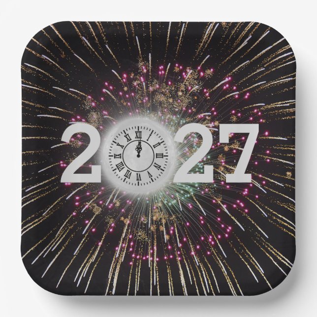 2027 New Years Eve Moon And Clock Paper Plate (Front)
