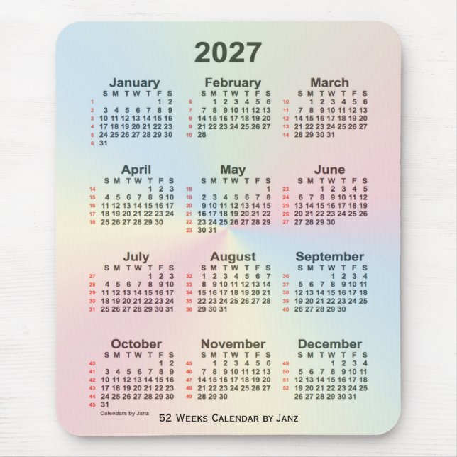 2027 Rainbow Cloud 52 Week Calendar by Janz Mouse Mat (Front)