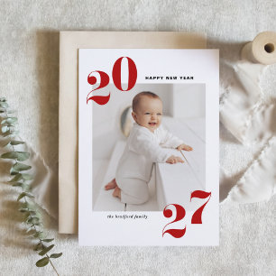2027 Red Retro Bold Typography Photo New Year Holiday Card