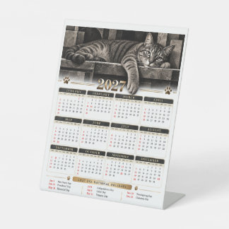 2027 Tabby Cat | Vintage Black and Gold Cat Lover Pedestal Sign