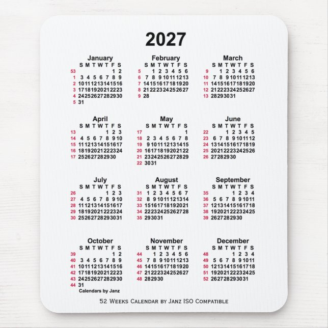 2027 White 52 Weeks ISO Calendar by Janz Mouse Mat (Front)
