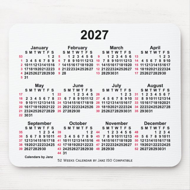 2027 White 52 Weeks ISO Calendar by Janz Mouse Mat (Front)