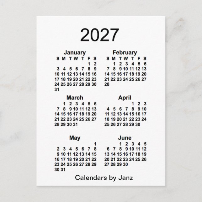 2027 White 6 Month Mini Calendar by Janz Postcard (Front)