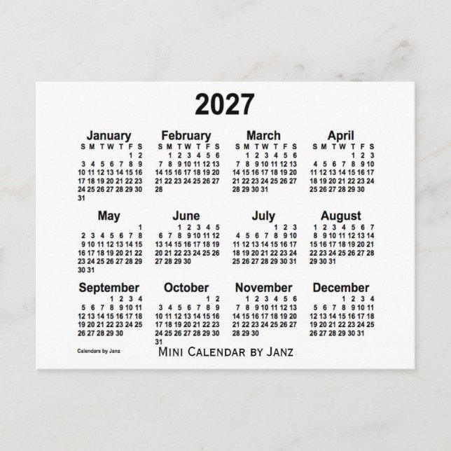 2027 White Mini Calendar by Janz Postcard (Front)
