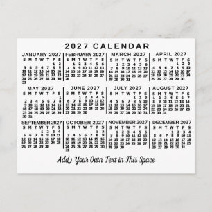 2027 Year Monthly Calendar Classic White and Black Postcard