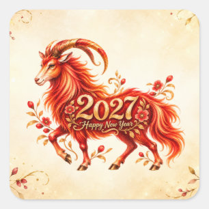 2027 Year of the Fire Goat – Red and Gold Chinese Square Sticker