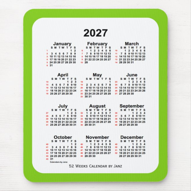 2027 Yellow Green 52 Week Calendar by Janz Mouse Mat (Front)