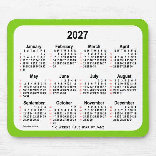 2027 Yellow Green 52 Weeks Calendar by Janz Mouse Mat (Front)