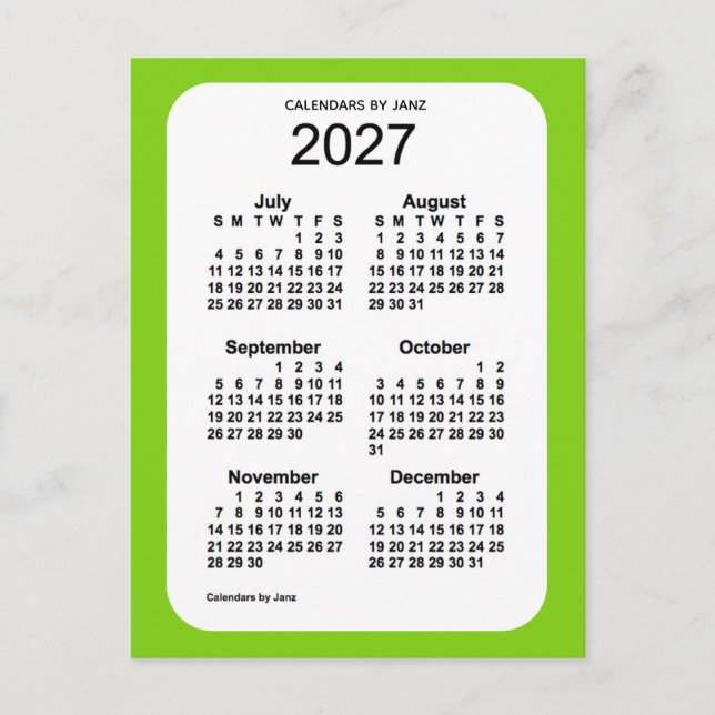 2027 Yellow Green 6 Month Mini Calendar by Janz Postcard (Front)